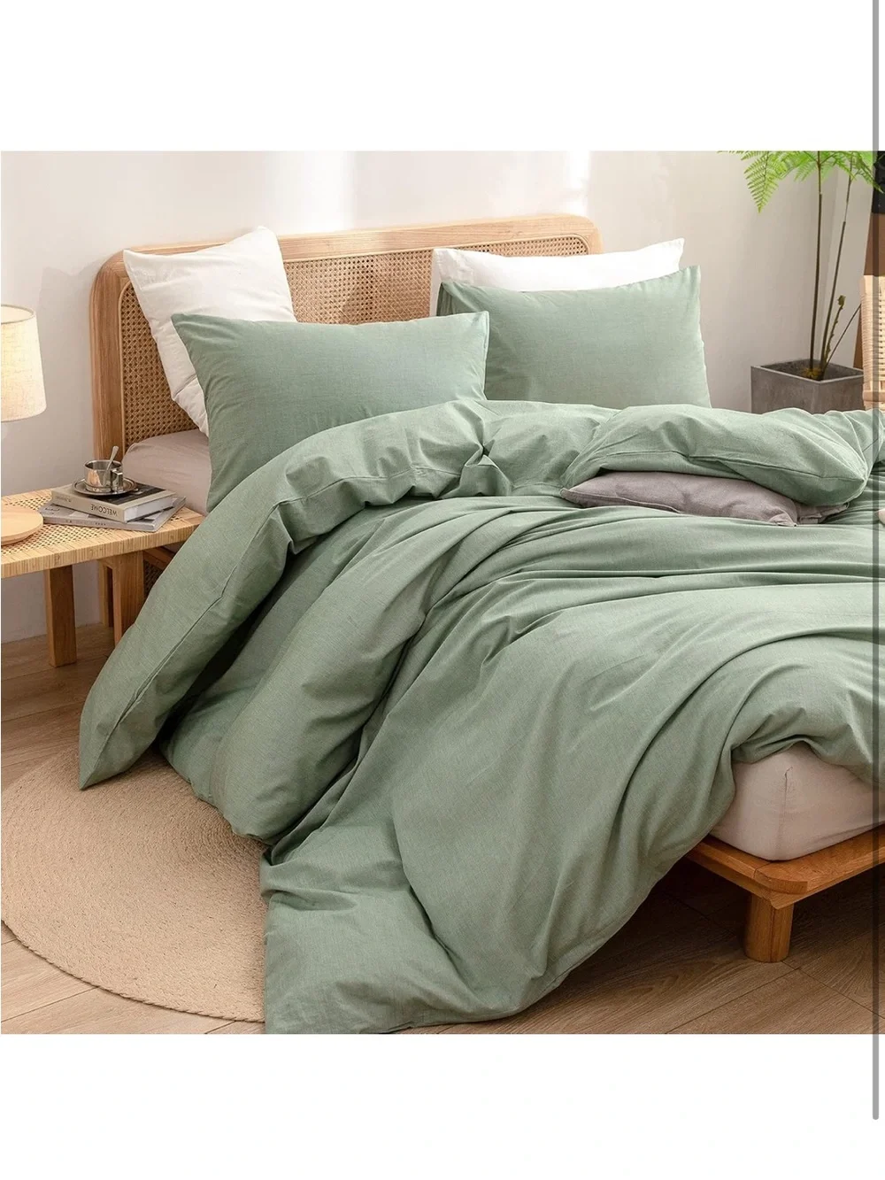 NEW BESTOUCH 100% Washed Cotton Duvet Cover Set. Linen Feel. 3 PCs Green Full